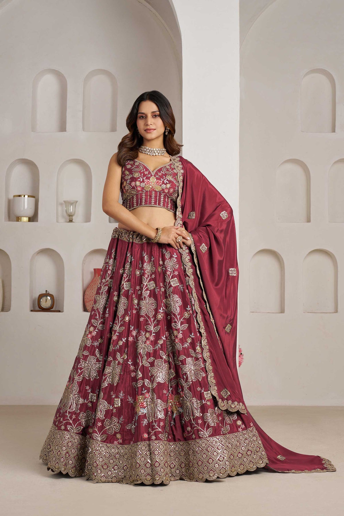 Maroon Crepe Silk Sequins Work & Floral Motifs Bridesmaid Lehenga