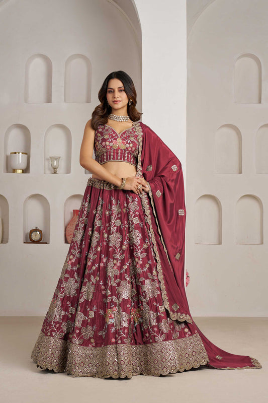 Maroon Crepe Silk Sequins Work & Floral Motifs Bridesmaid Lehenga