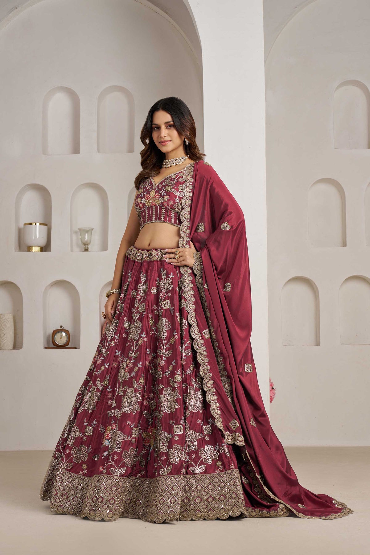 Maroon Crepe Silk Sequins Work & Floral Motifs Bridesmaid Lehenga