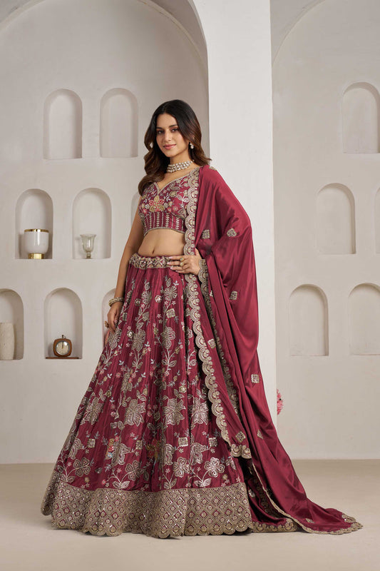 Maroon Crepe Silk Sequins Work & Floral Motifs Bridesmaid Lehenga