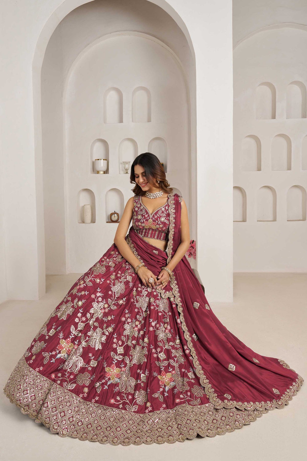 Maroon Crepe Silk Sequins Work & Floral Motifs Bridesmaid Lehenga