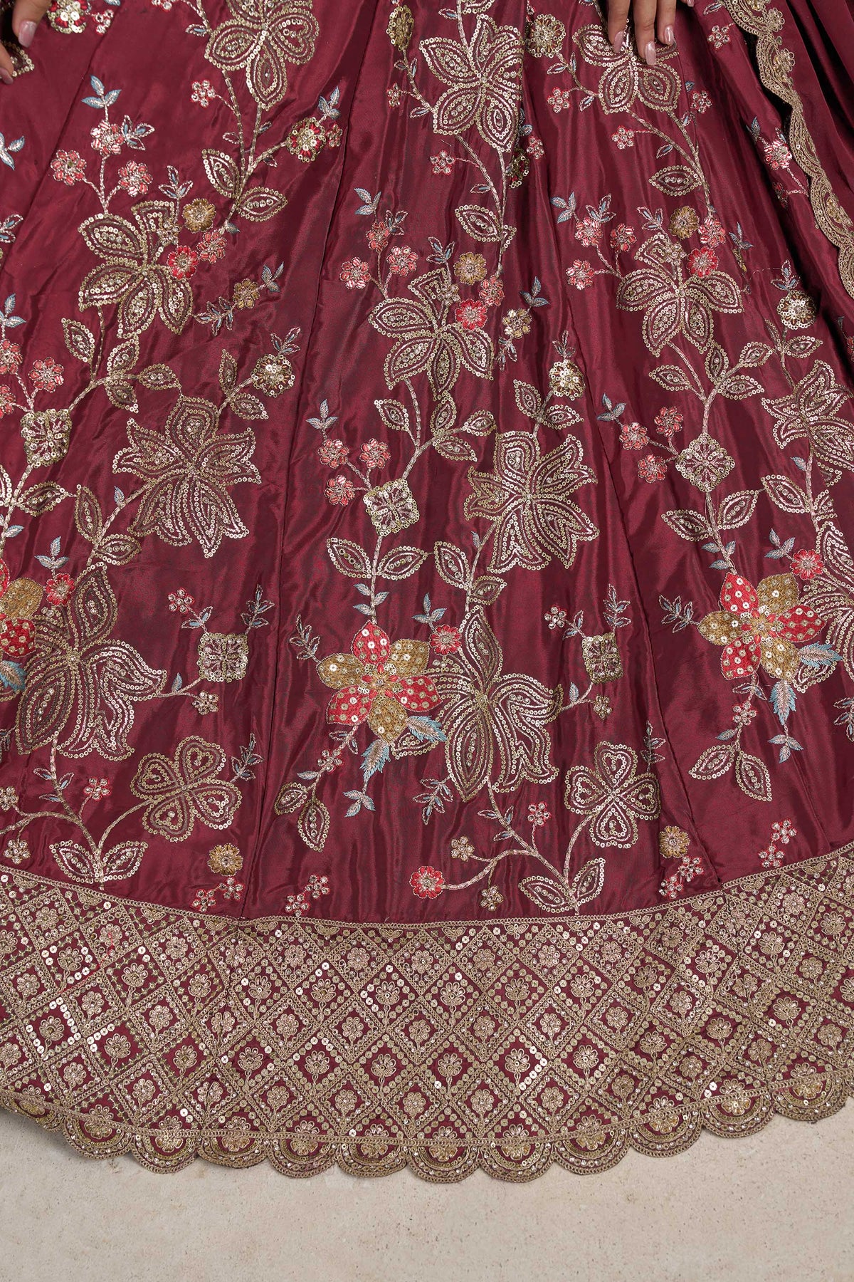 Maroon Crepe Silk Sequins Work & Floral Motifs Bridesmaid Lehenga