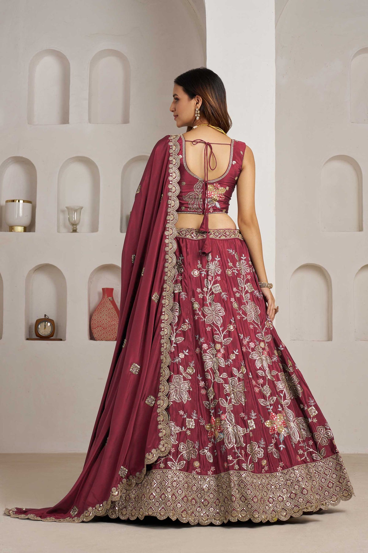 Maroon Crepe Silk Sequins Work & Floral Motifs Bridesmaid Lehenga