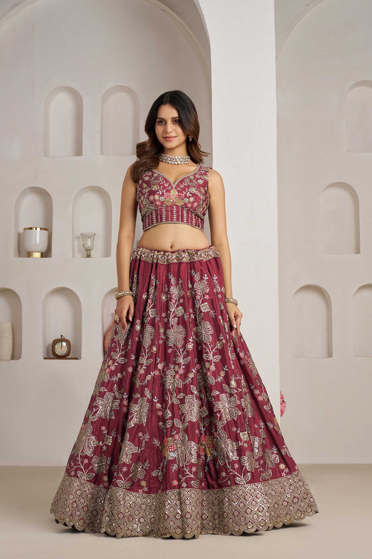 Maroon Crepe Silk Sequins Work & Floral Motifs Bridesmaid Lehenga