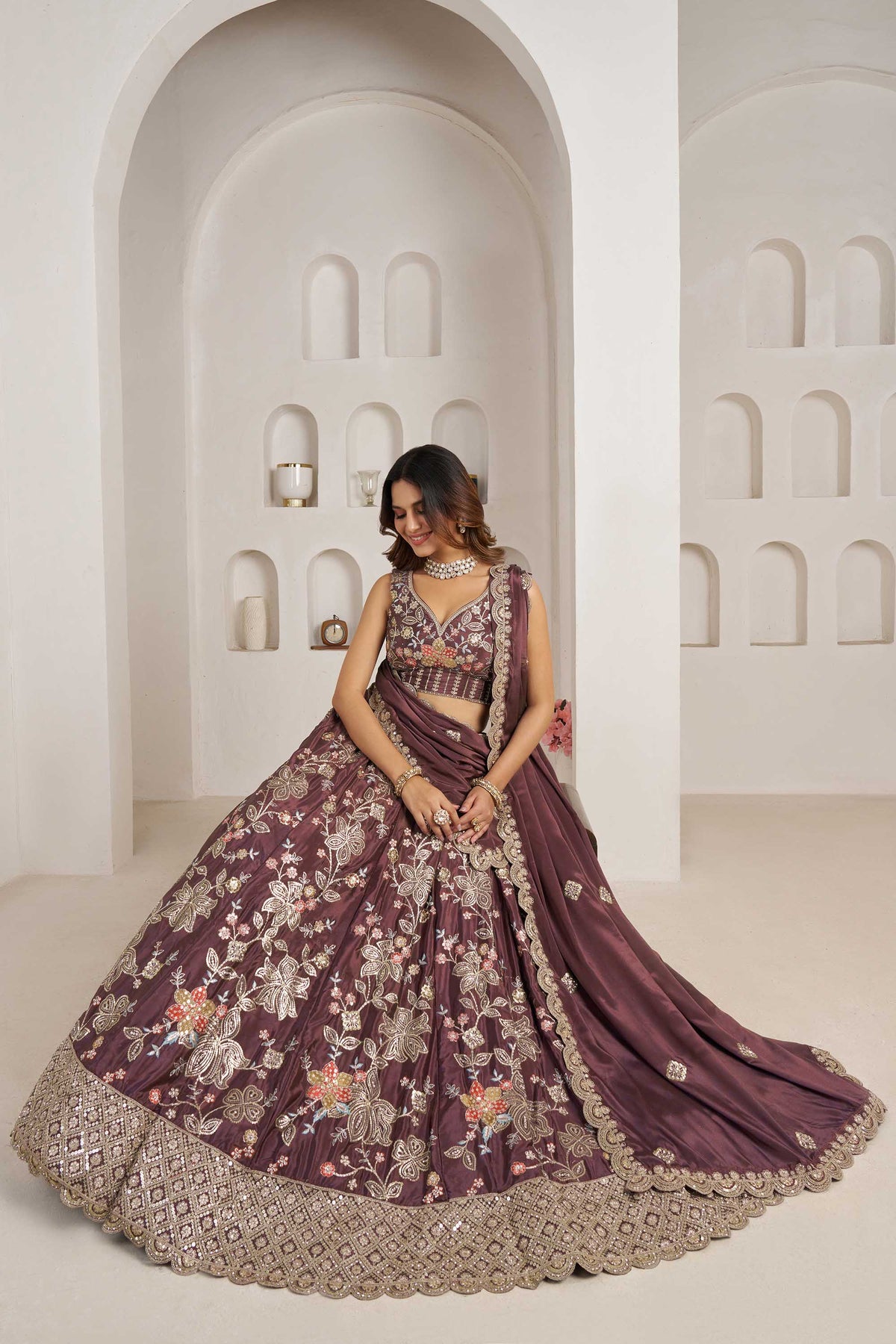 Dark Mauve Crepe Silk Sequins Work & Floral Motifs Bridesmaid Lehenga