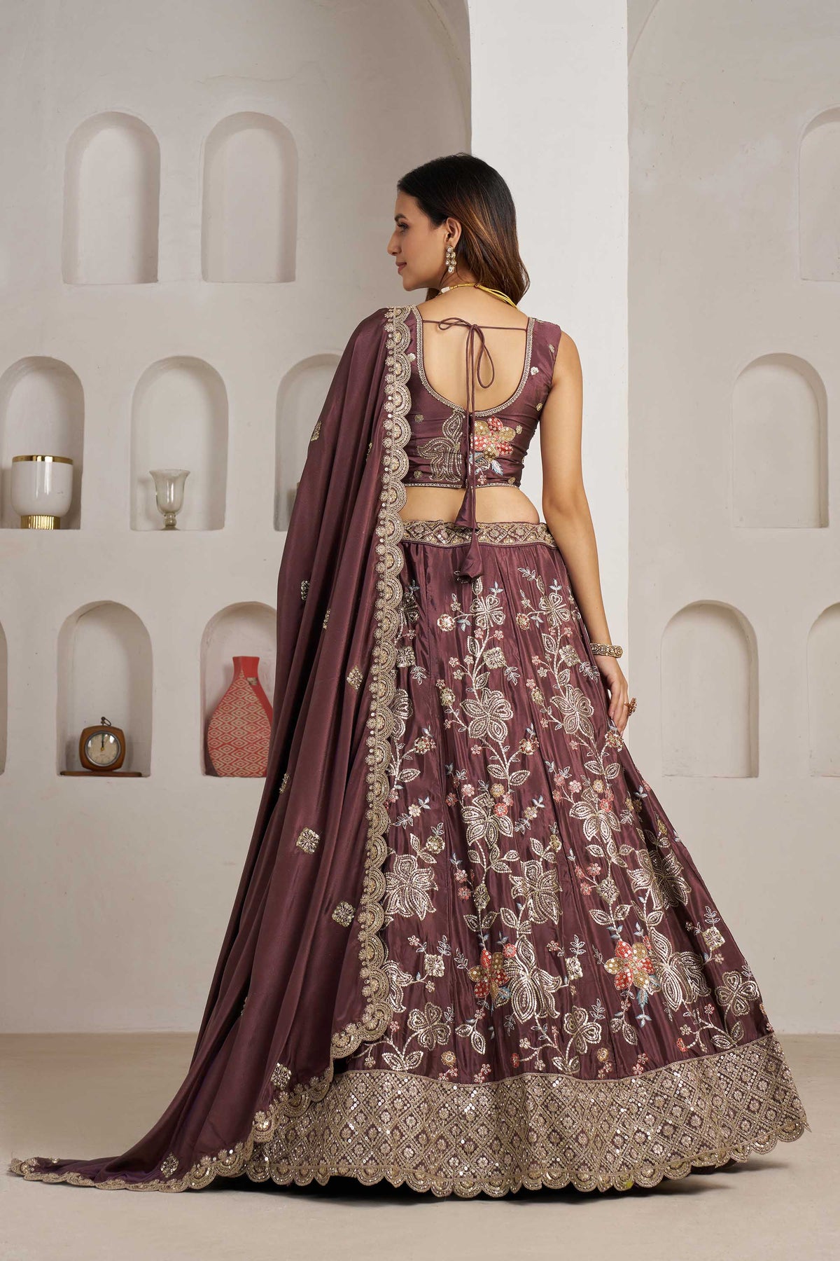 Dark Mauve Crepe Silk Sequins Work & Floral Motifs Bridesmaid Lehenga