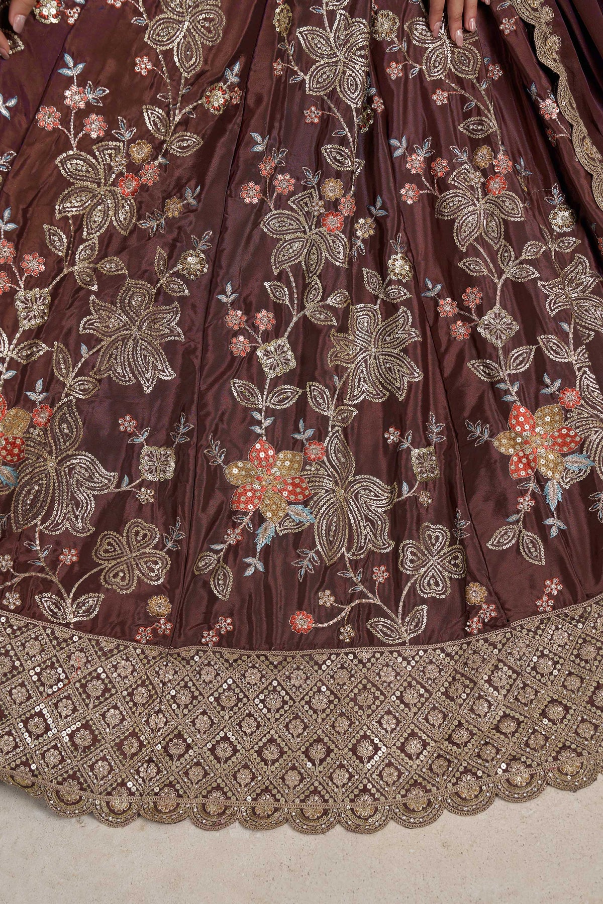 Dark Mauve Crepe Silk Sequins Work & Floral Motifs Bridesmaid Lehenga