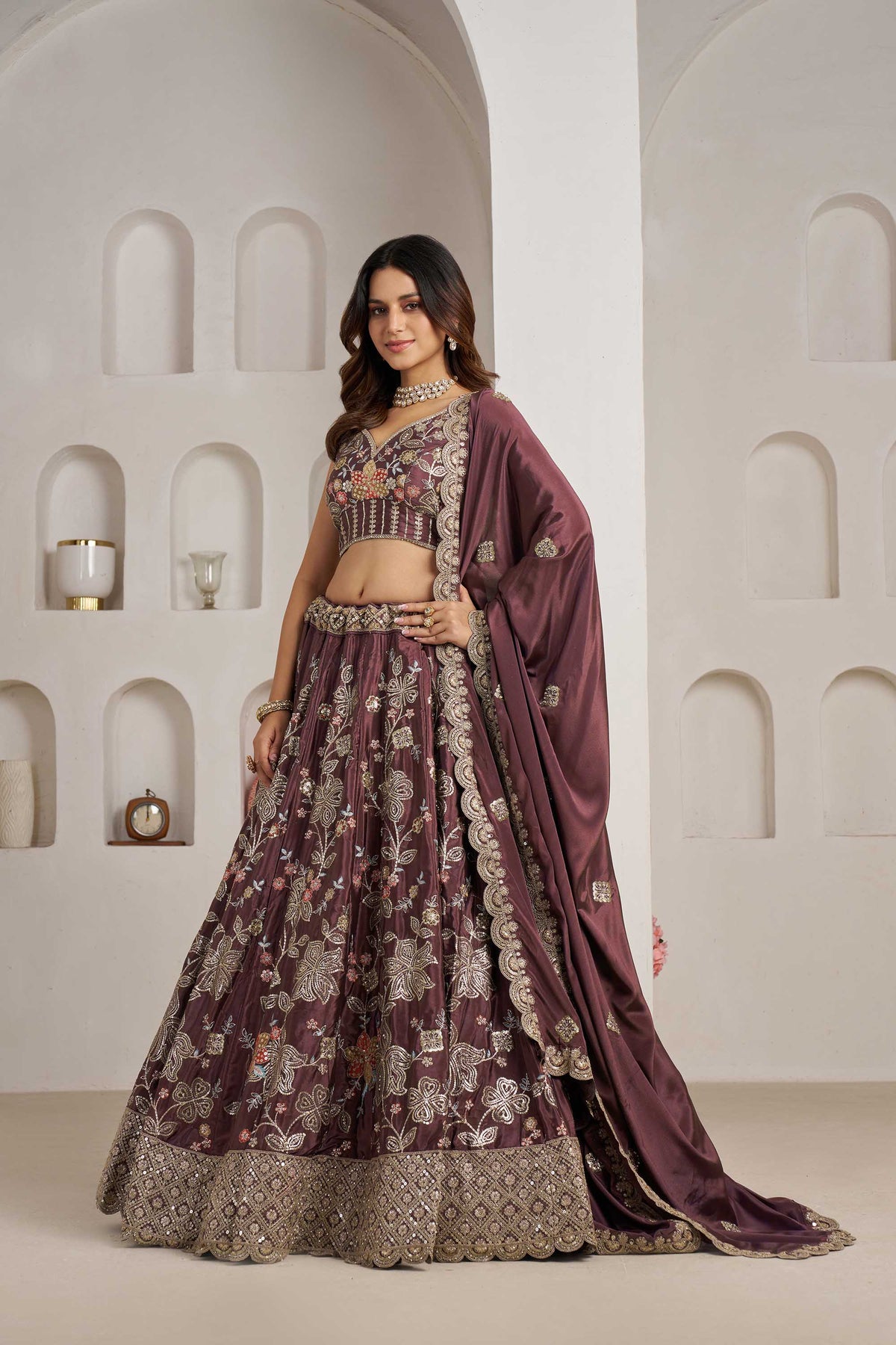 Dark Mauve Crepe Silk Sequins Work & Floral Motifs Bridesmaid Lehenga