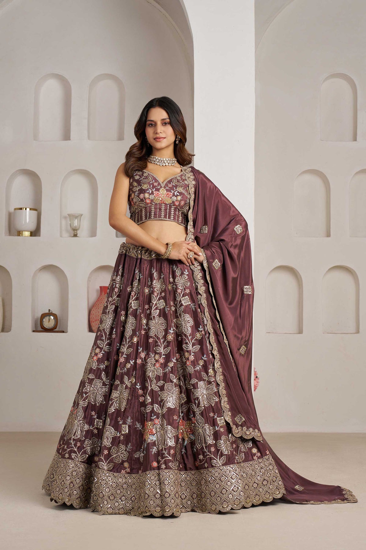 Dark Mauve Crepe Silk Sequins Work & Floral Motifs Bridesmaid Lehenga