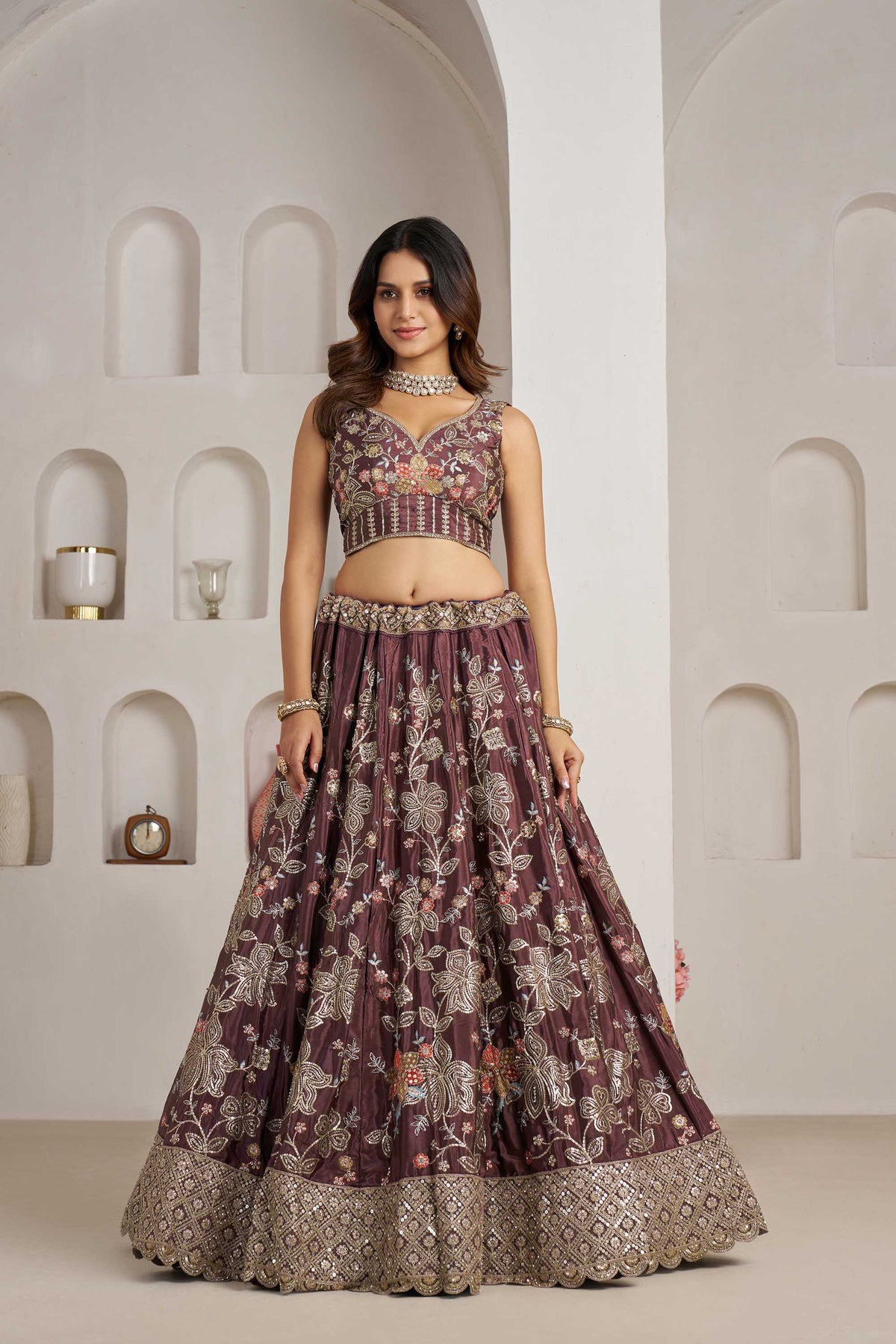 Dark Mauve Crepe Silk Sequins Work & Floral Motifs Bridesmaid Lehenga