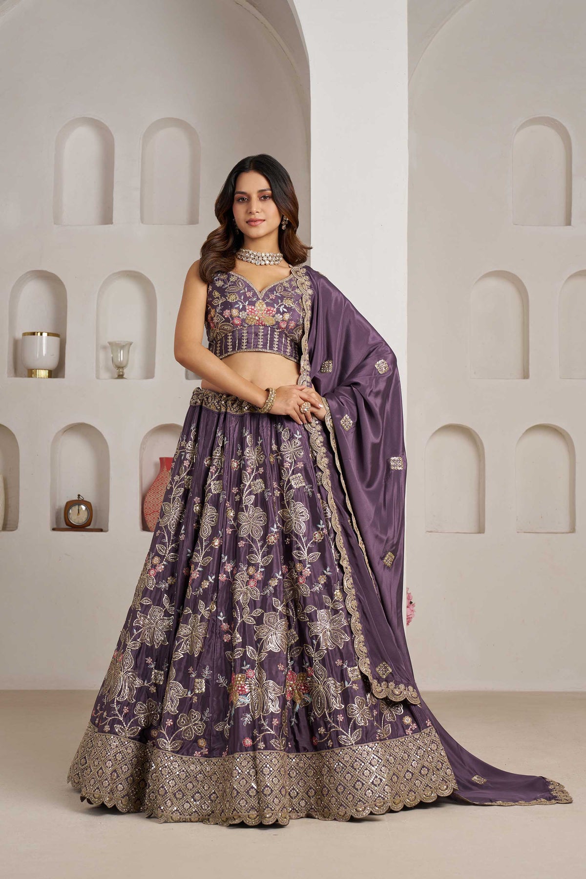 Purple Crepe Silk Sequins Work & Floral Motifs Bridesmaid Lehenga