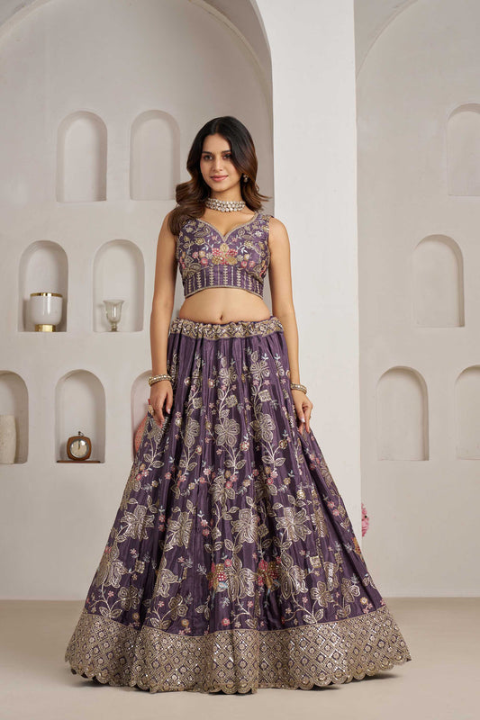 Purple Crepe Silk Sequins Work & Floral Motifs Bridesmaid Lehenga