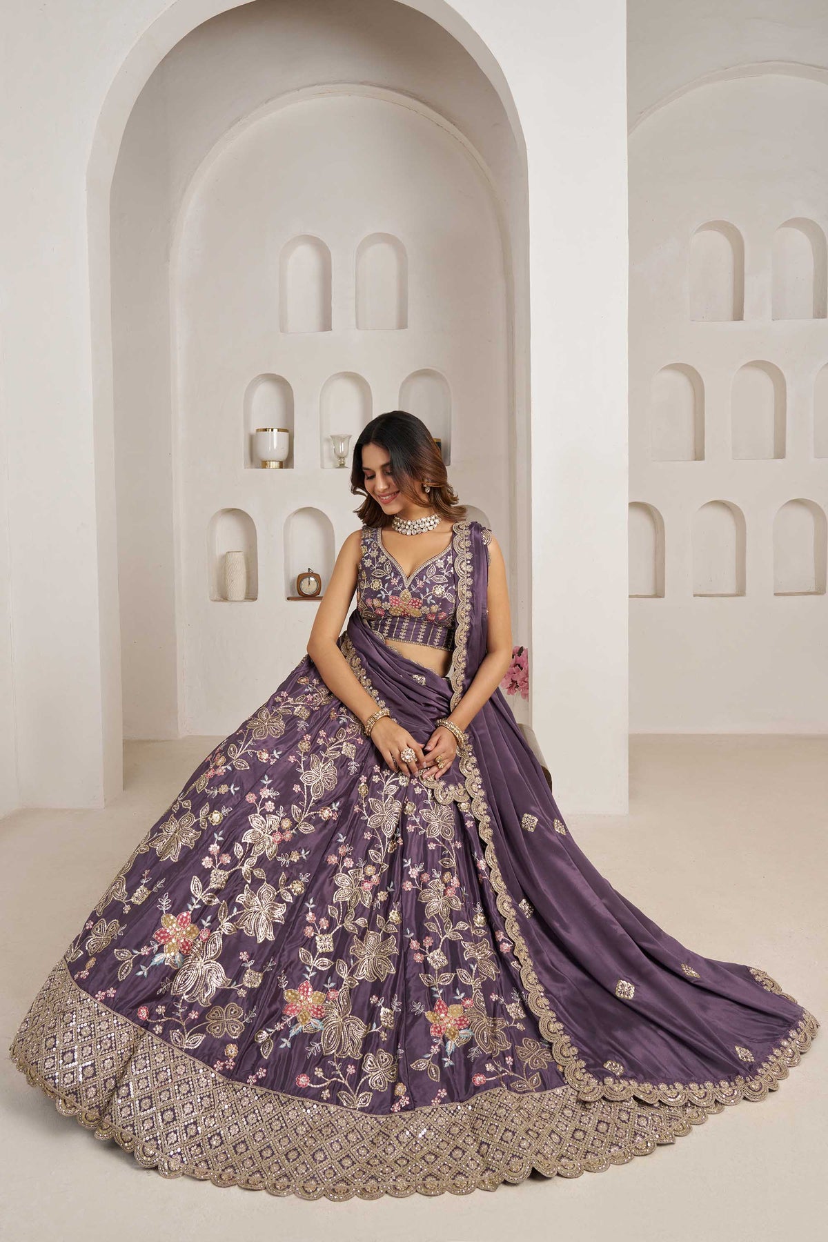 Purple Crepe Silk Sequins Work & Floral Motifs Bridesmaid Lehenga
