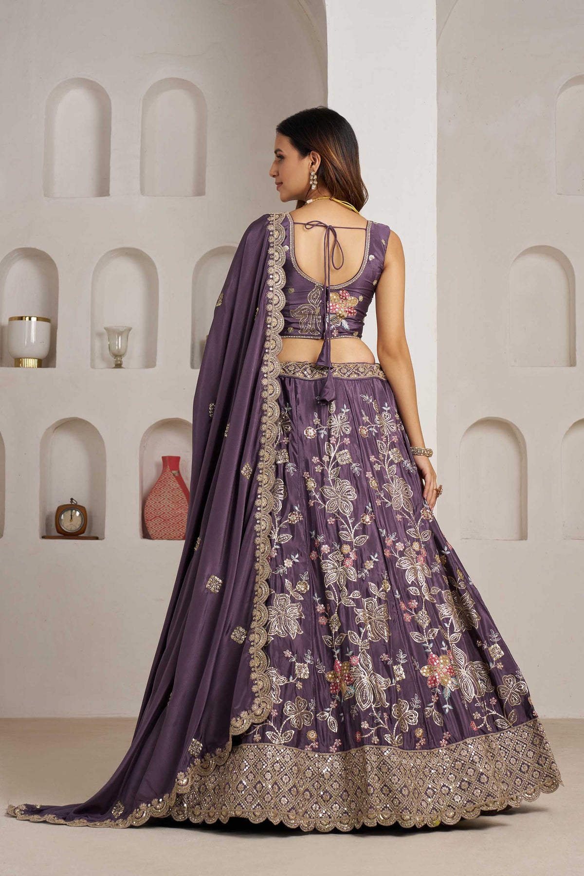 Purple Crepe Silk Sequins Work & Floral Motifs Bridesmaid Lehenga