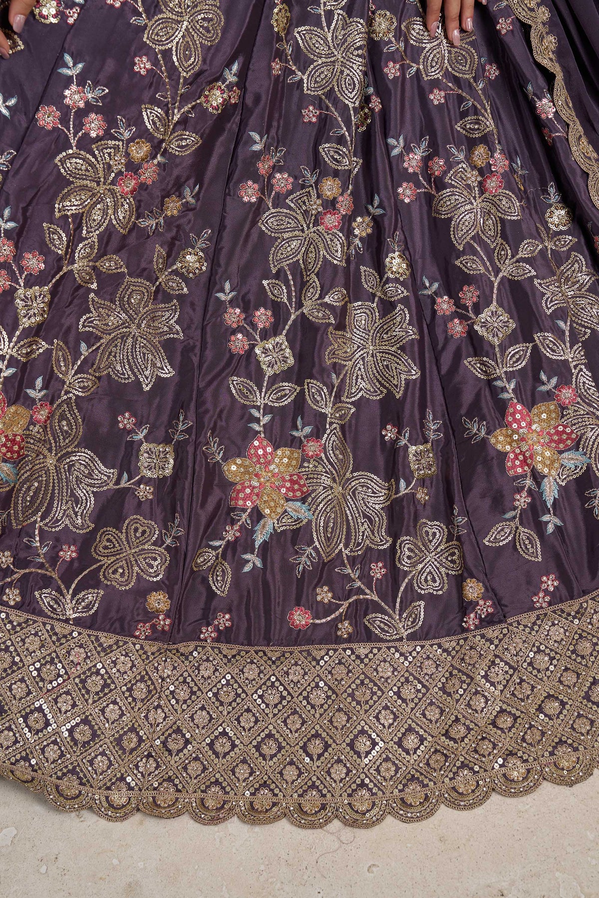 Purple Crepe Silk Sequins Work & Floral Motifs Bridesmaid Lehenga
