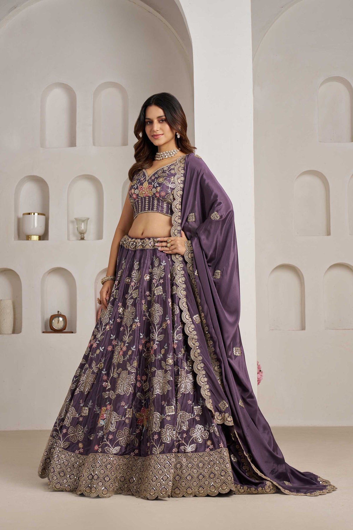 Purple Crepe Silk Sequins Work & Floral Motifs Bridesmaid Lehenga