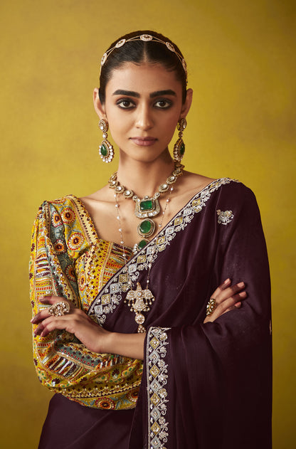 Wine Glass Tissue Dhaga & Thread Embroidered Divani Saree