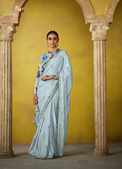 Sky Blue Glass Tissue Dhaga & Thread Embroidered Divani Saree