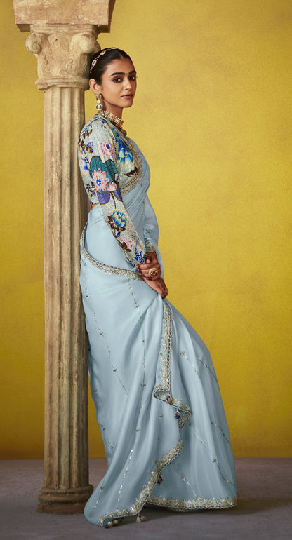 Sky Blue Glass Tissue Dhaga & Thread Embroidered Divani Saree