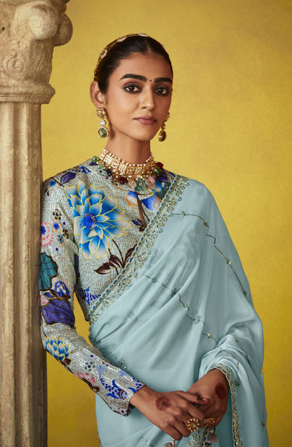 Sky Blue Glass Tissue Dhaga & Thread Embroidered Divani Saree