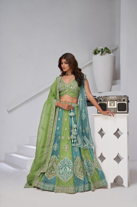 Turquoise & Green Georgette Tissue Zari & Resham Embroidered Bridesmaid Lehenga