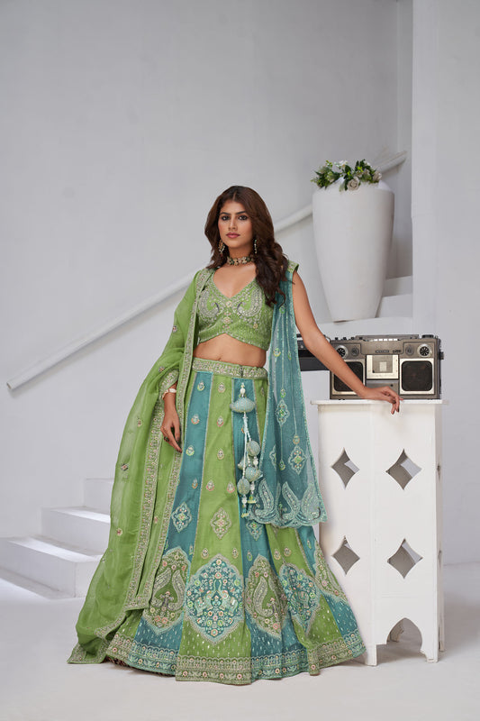 Turquoise & Green Georgette Tissue Zari & Resham Embroidered Bridesmaid Lehenga
