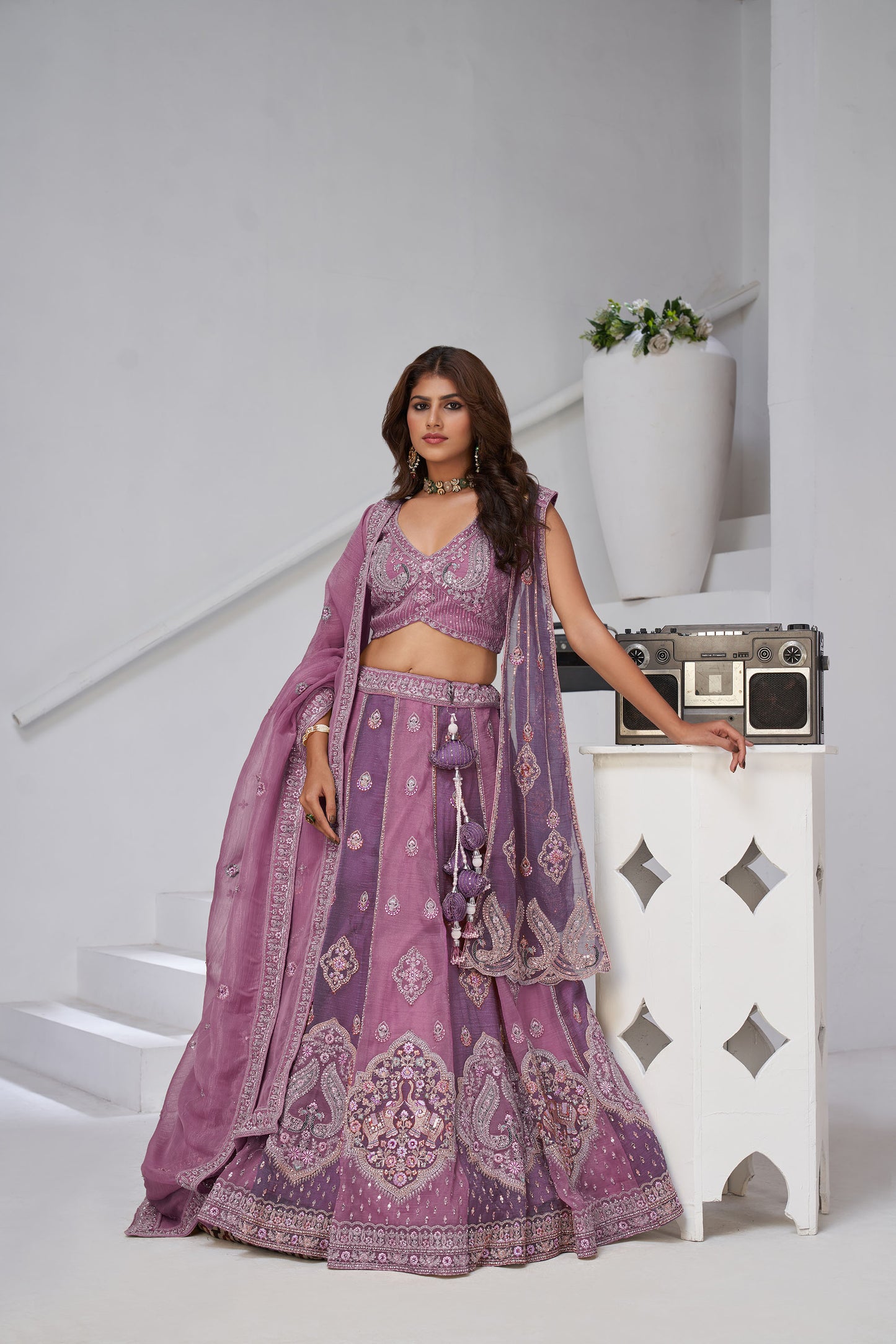 Lavender & Purple Georgette Tissue Zari & Resham Embroidered Sangeet Lehenga