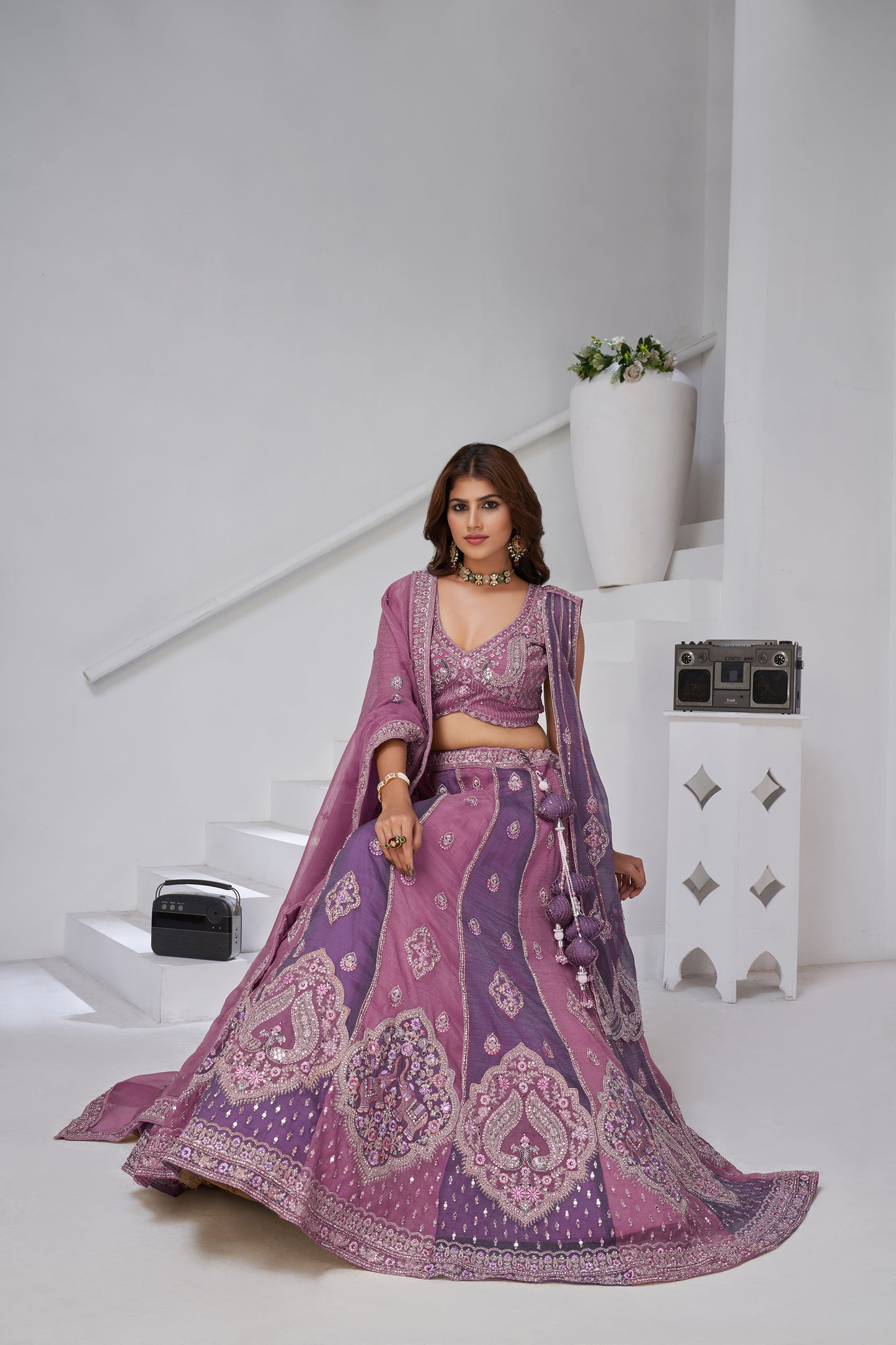 Lavender & Purple Georgette Tissue Zari & Resham Embroidered Sangeet Lehenga