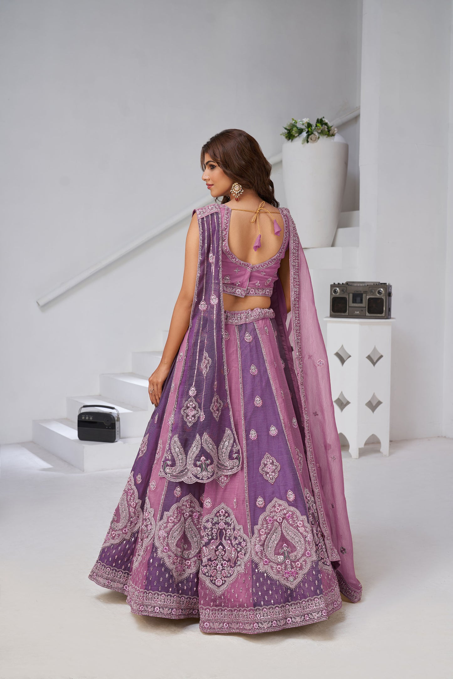 Lavender & Purple Georgette Tissue Zari & Resham Embroidered Sangeet Lehenga