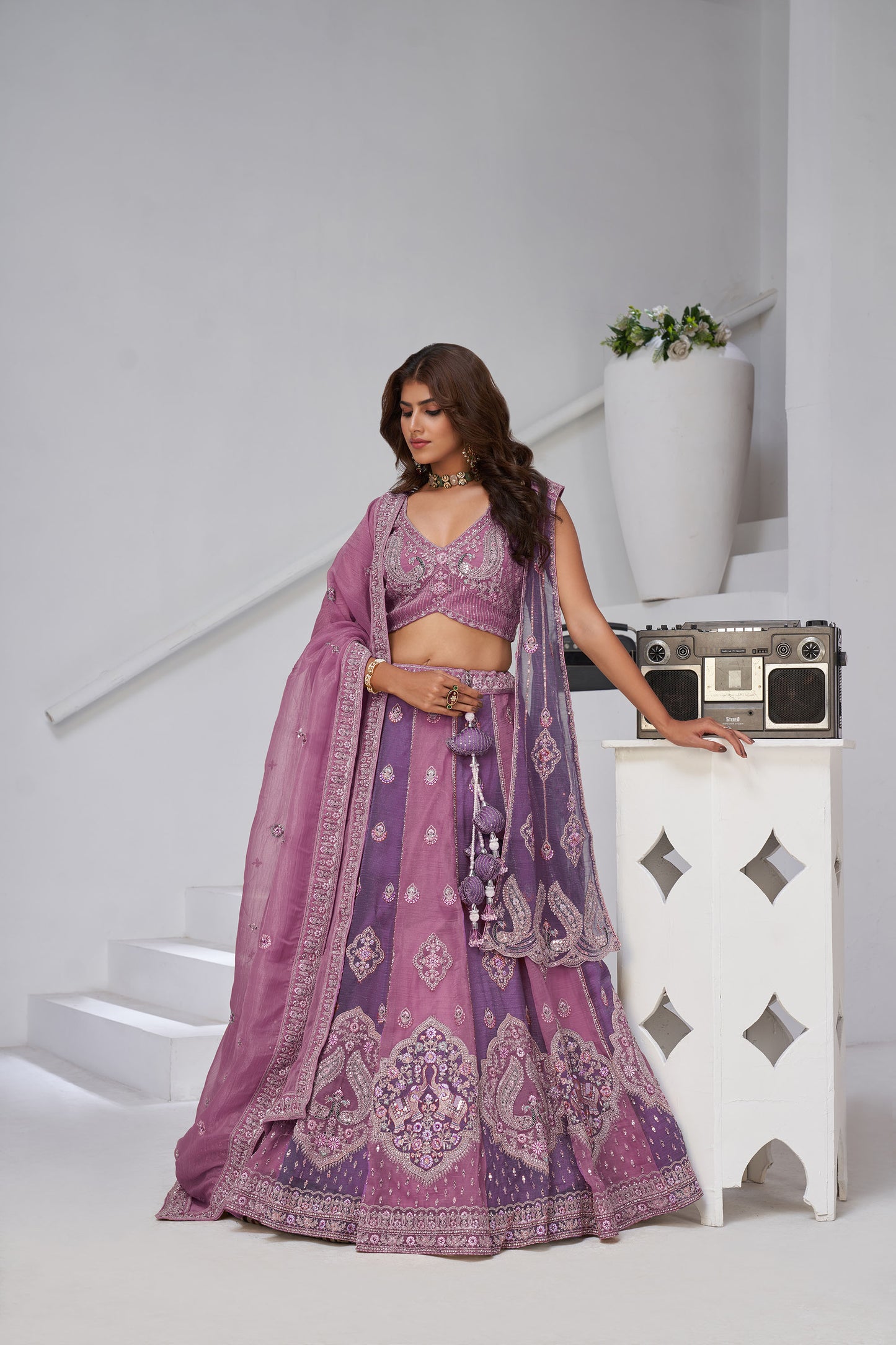 Lavender & Purple Georgette Tissue Zari & Resham Embroidered Sangeet Lehenga
