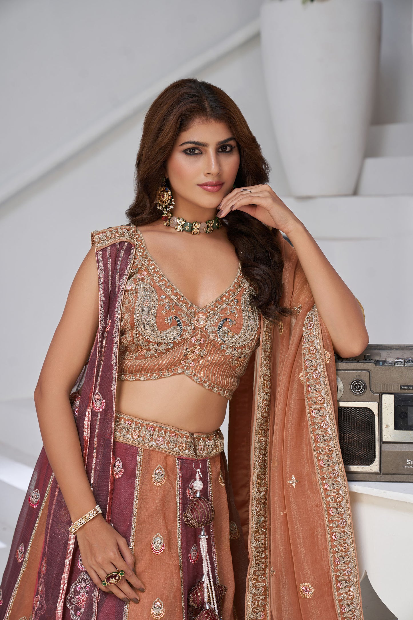 Rust Orange & Mauve Georgette Tissue Zari & Resham Embroidered Lehenga for Wedding