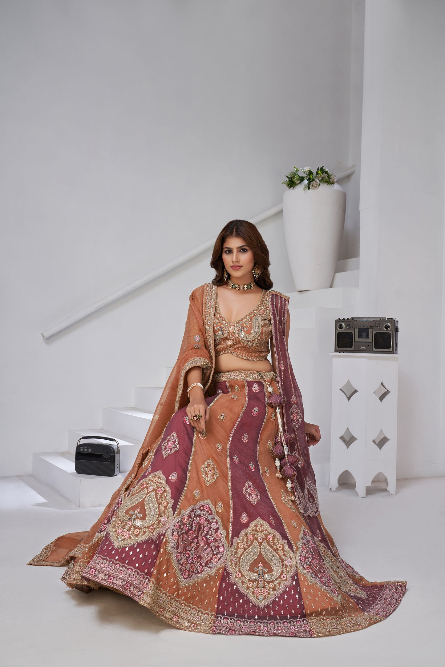Rust Orange & Mauve Georgette Tissue Zari & Resham Embroidered Lehenga for Wedding