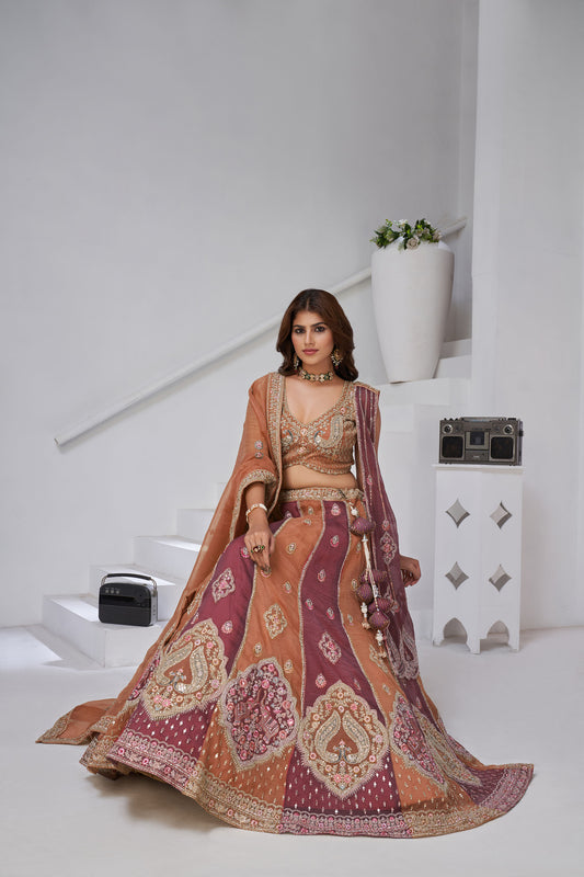 Rust Orange & Mauve Georgette Tissue Zari & Resham Embroidered Lehenga for Wedding