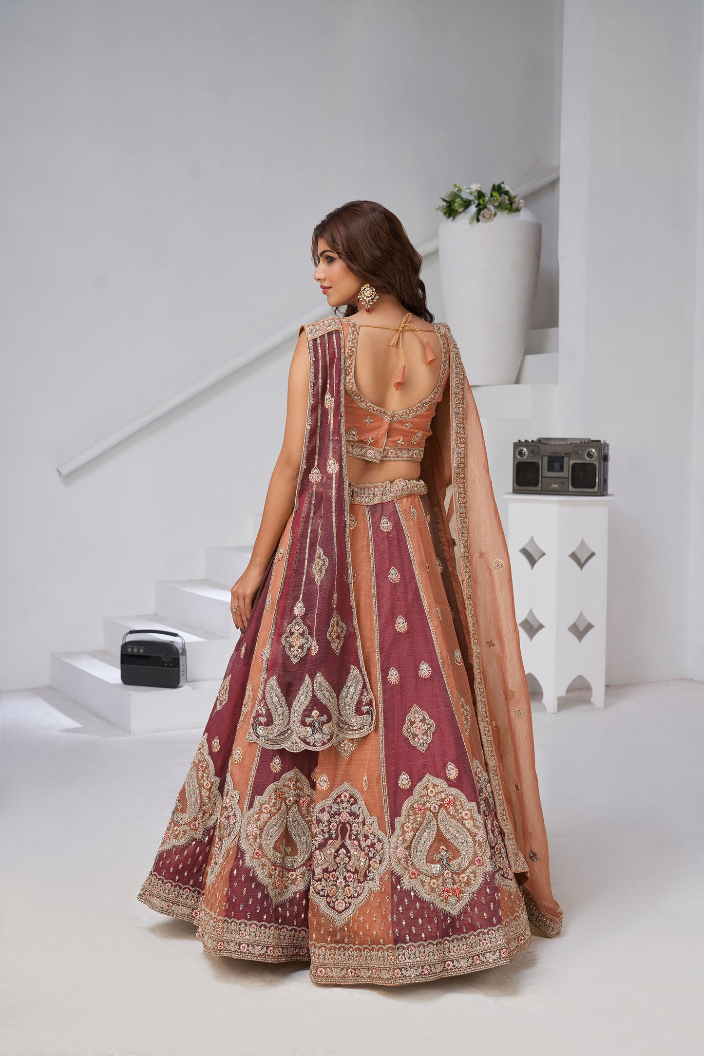 Rust Orange & Mauve Georgette Tissue Zari & Resham Embroidered Lehenga for Wedding