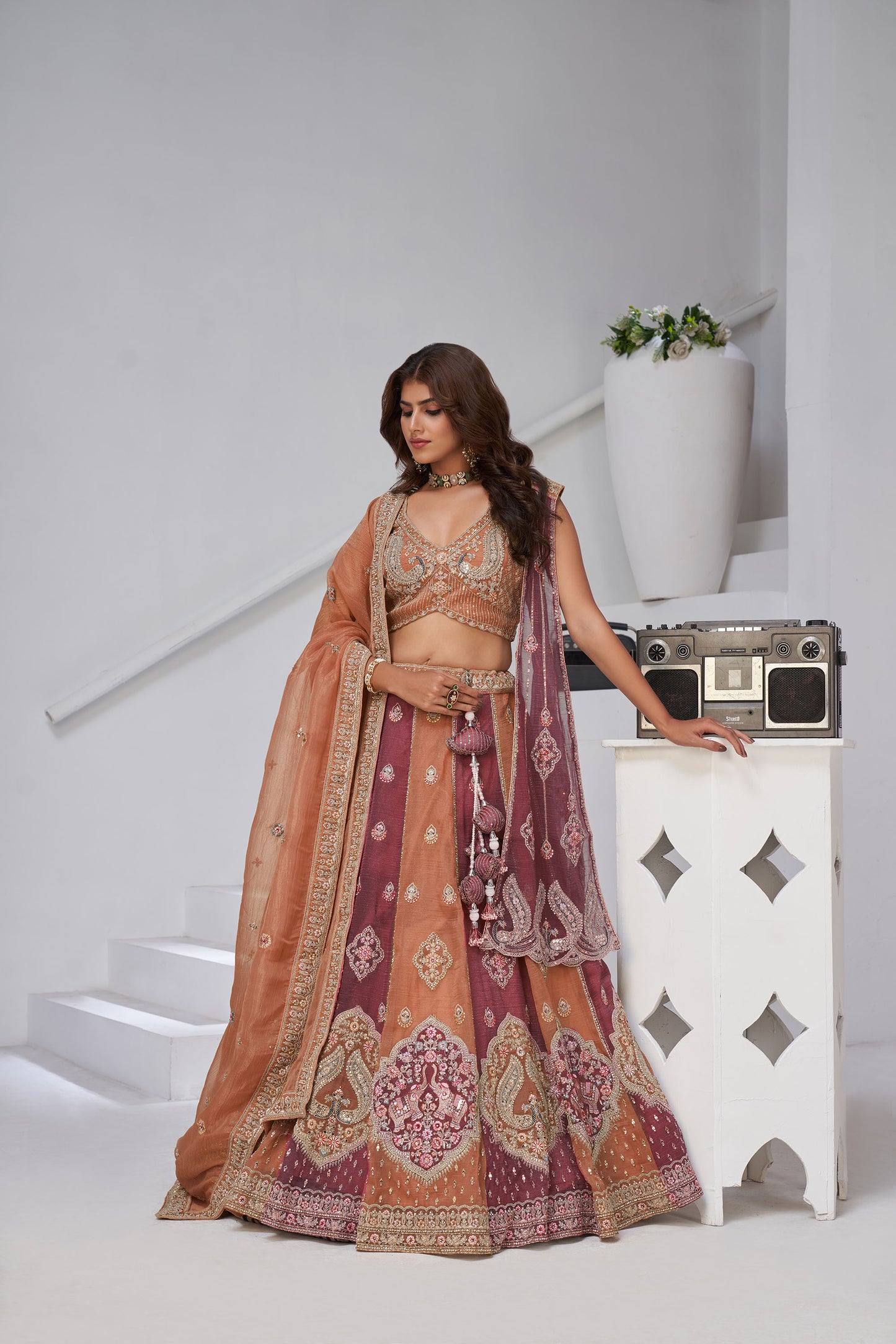 Rust Orange & Mauve Georgette Tissue Zari & Resham Embroidered Lehenga for Wedding