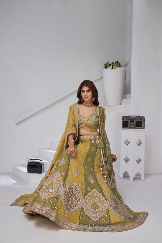 Yellow & Green Georgette Tissue Zari & Resham Embroidered Engagement Lehenga
