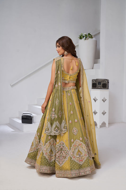 Yellow & Green Georgette Tissue Zari & Resham Embroidered Engagement Lehenga