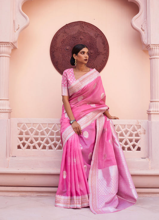Pink Kavni Linen Woven Saree