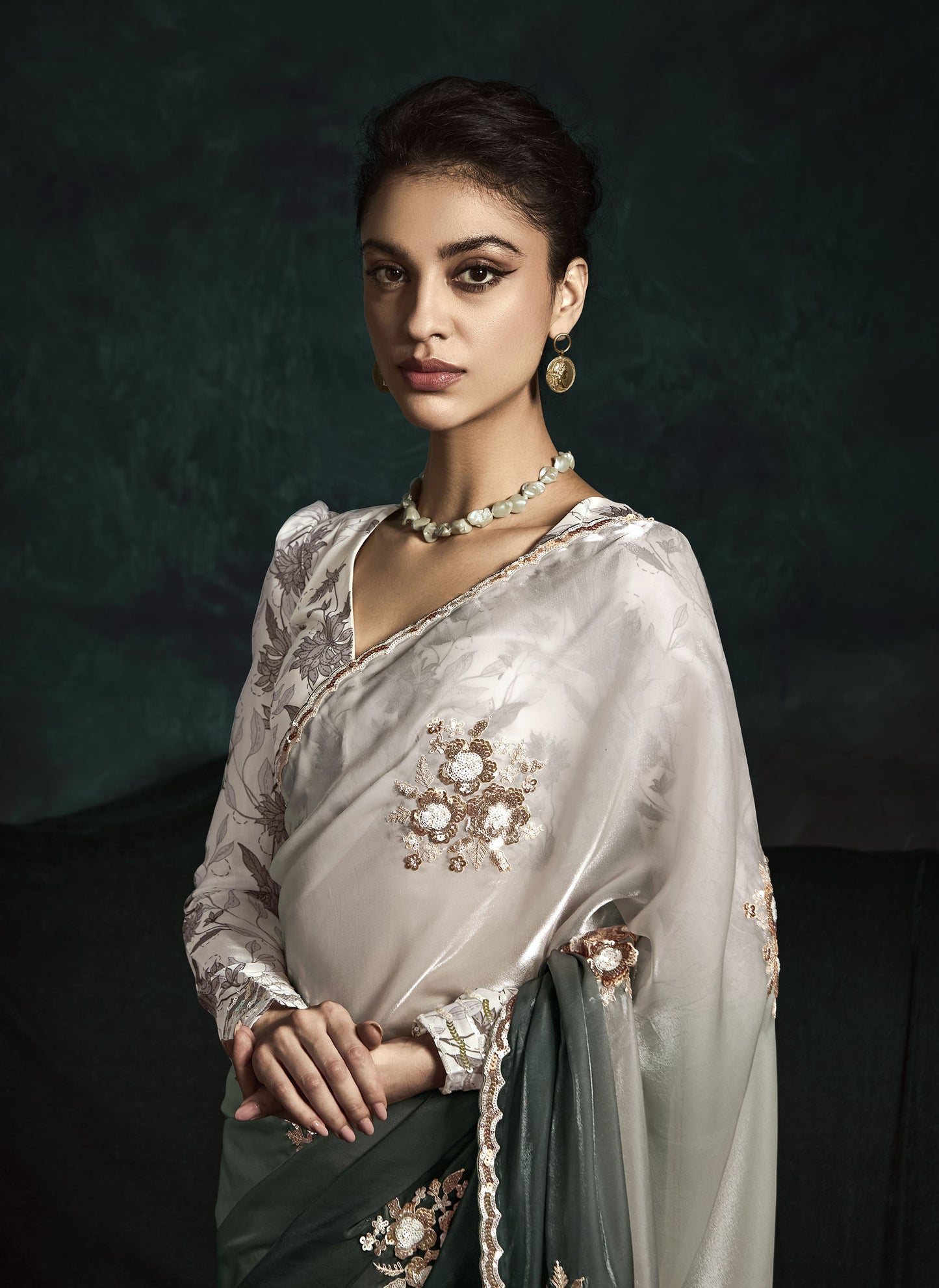 Grey Sequins Embroidered Festive Rangat Saree