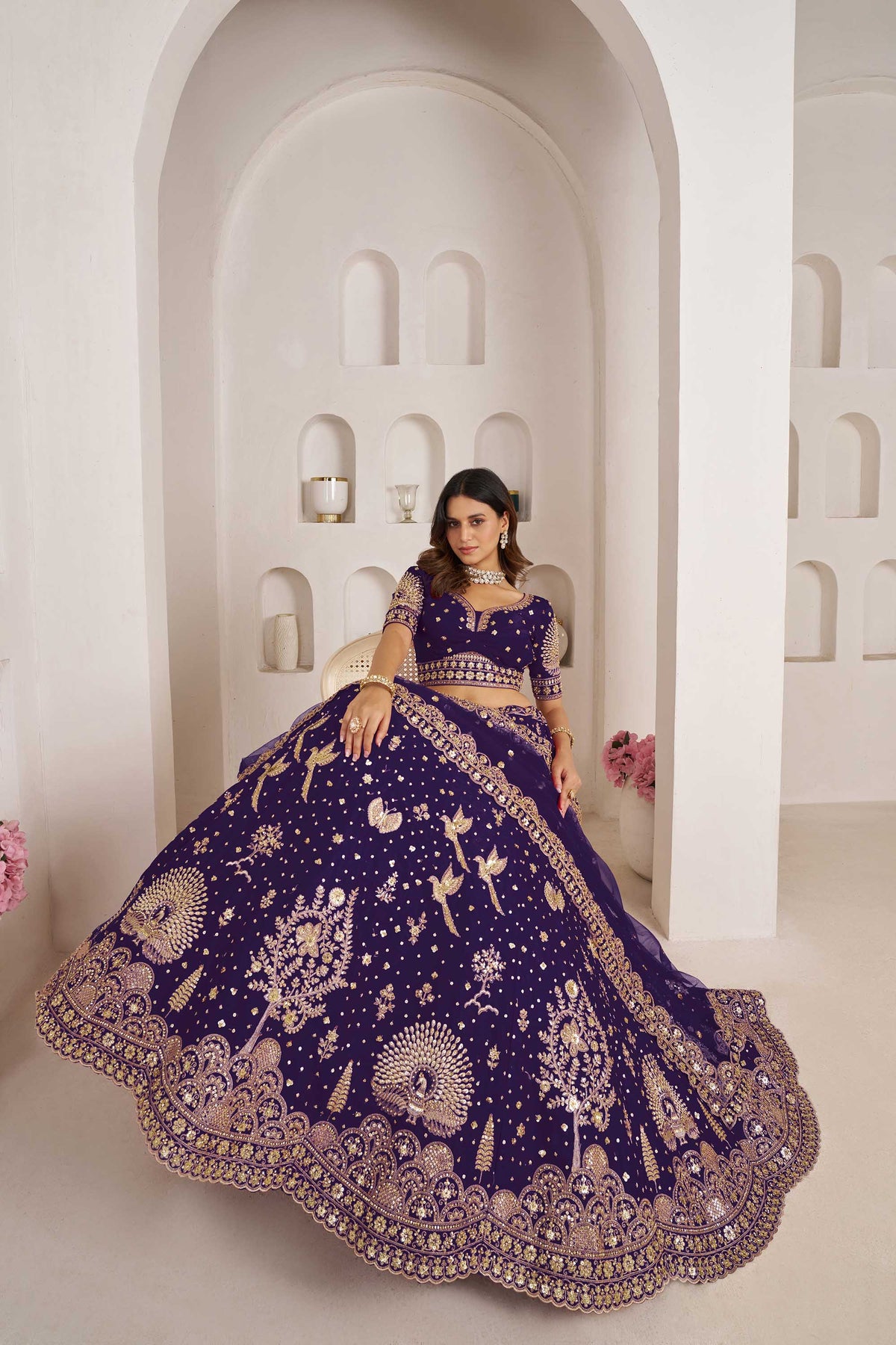 Purple Silk Heavy Pearl & Thread Embroidered Bridal Lehenga for Reception