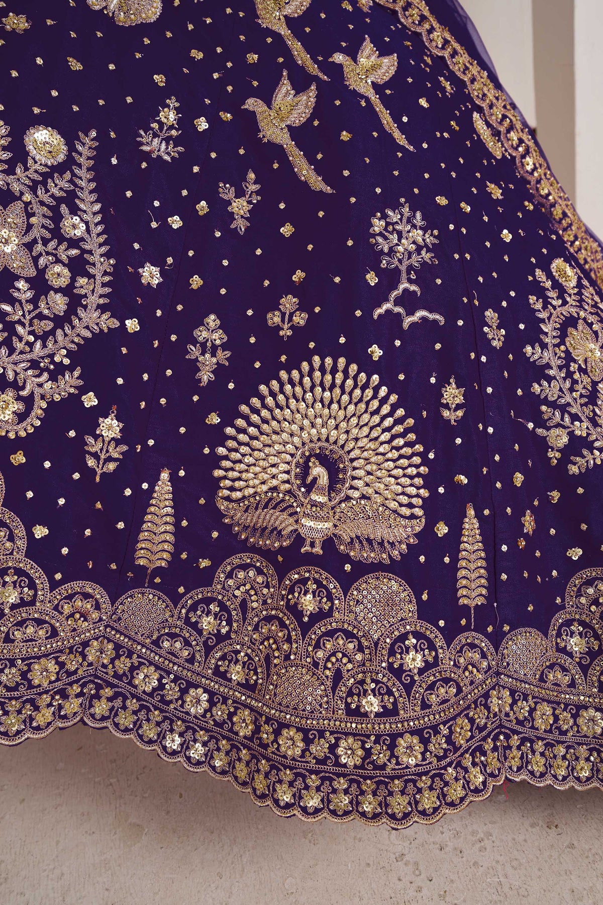 Purple Silk Heavy Pearl & Thread Embroidered Bridal Lehenga for Reception