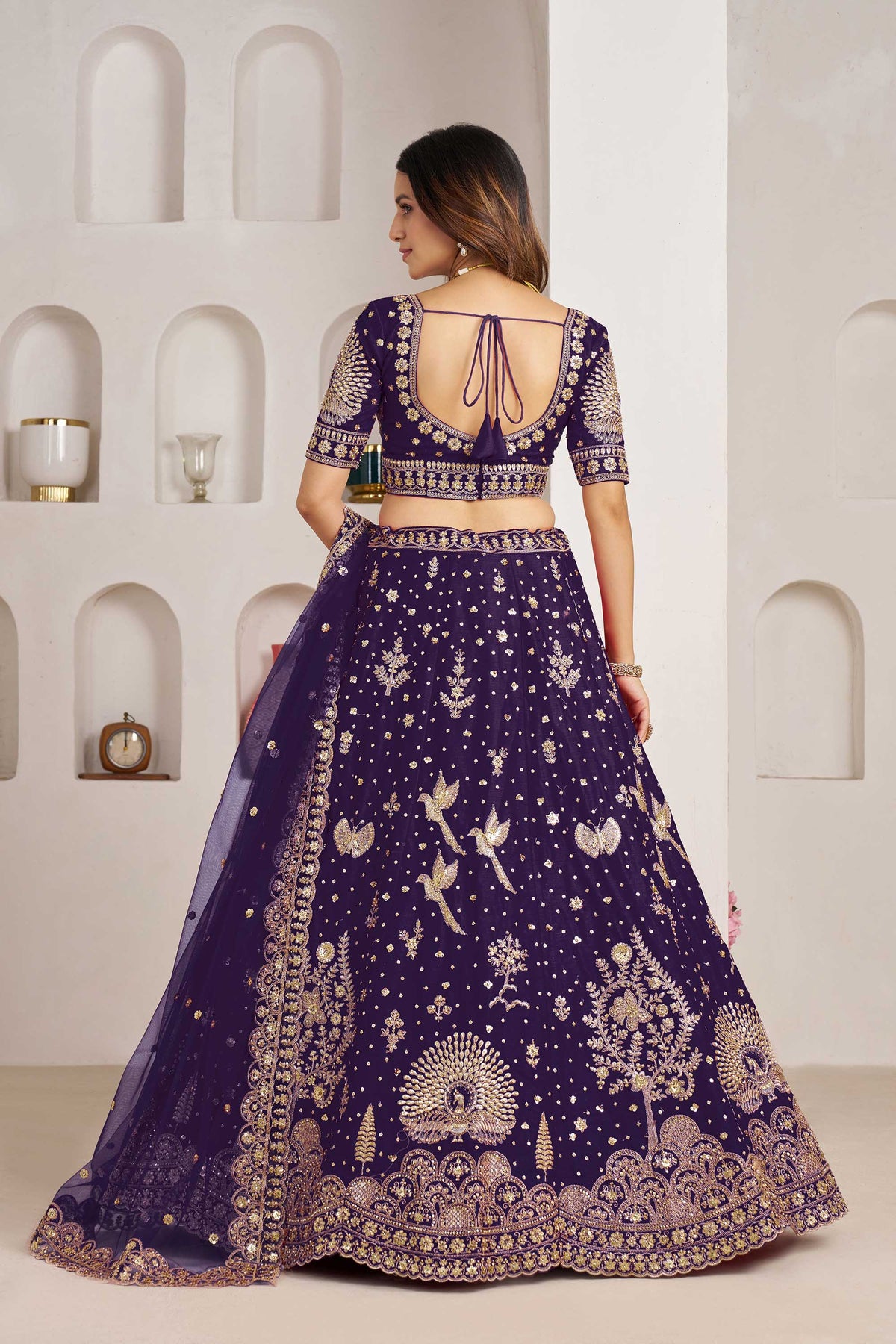 Purple Silk Heavy Pearl & Thread Embroidered Bridal Lehenga for Reception