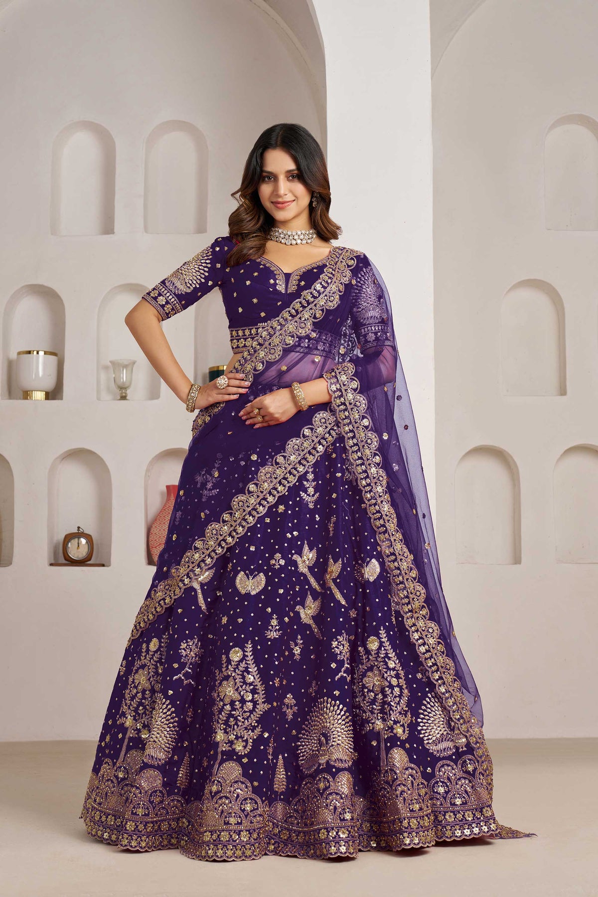 Purple Silk Heavy Pearl & Thread Embroidered Bridal Lehenga for Reception