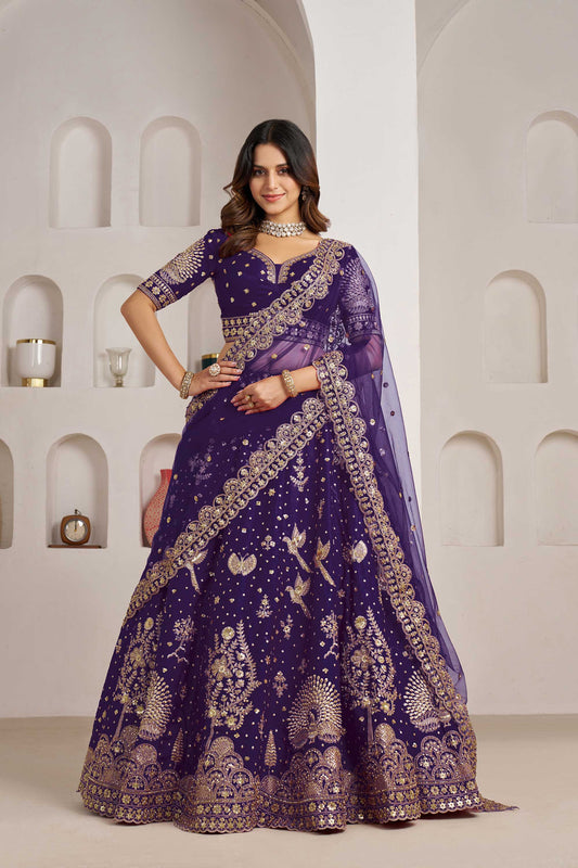 Purple Silk Heavy Pearl & Thread Embroidered Bridal Lehenga for Reception