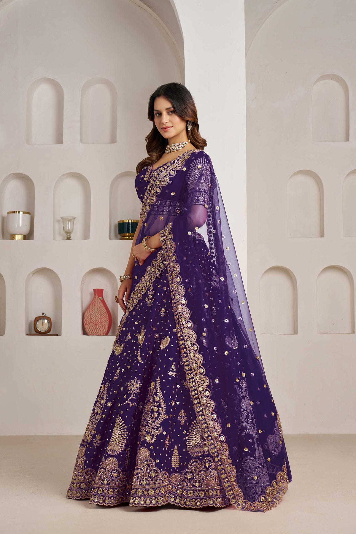 Purple Silk Heavy Pearl & Thread Embroidered Bridal Lehenga for Reception