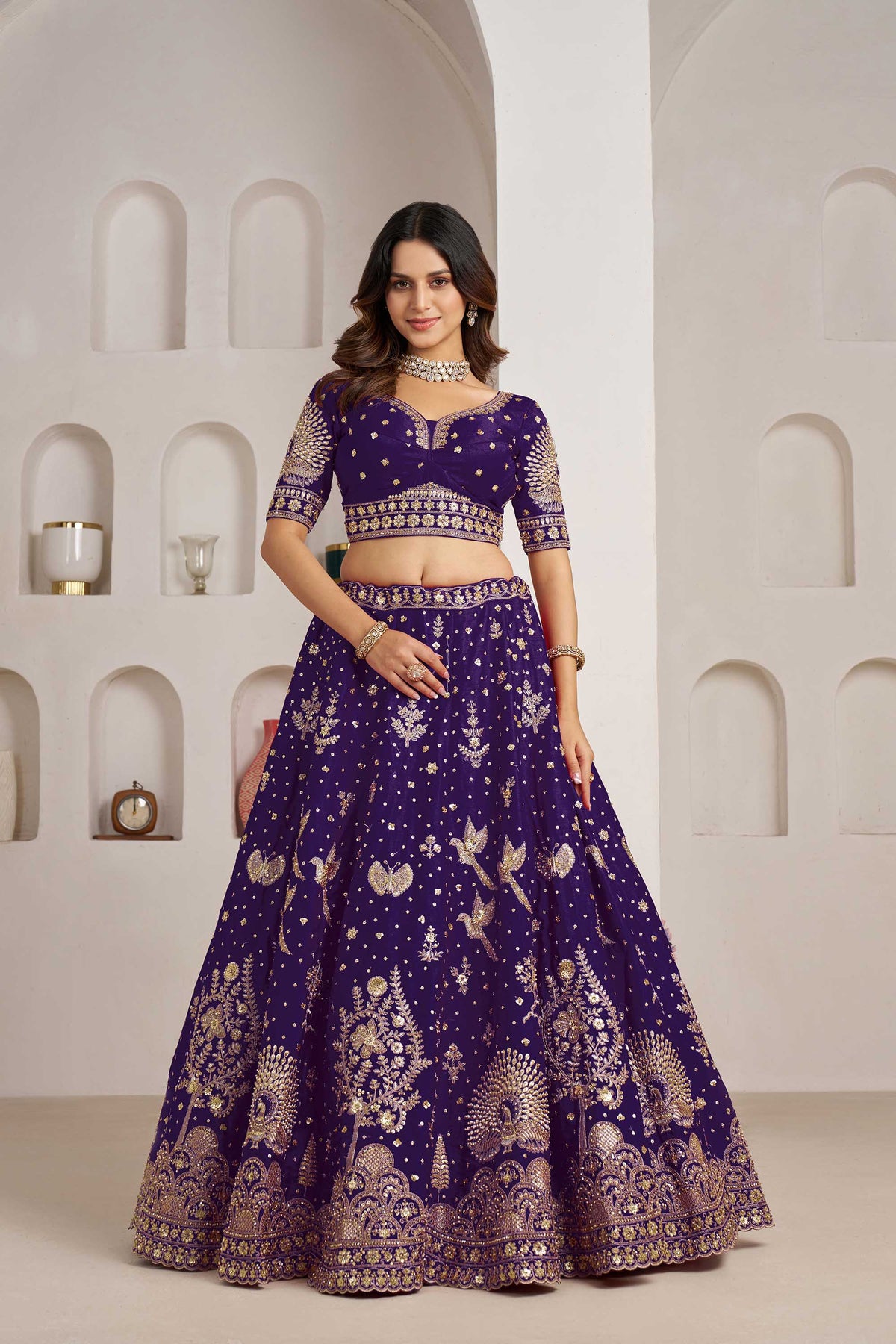 Purple Silk Heavy Pearl & Thread Embroidered Bridal Lehenga for Reception
