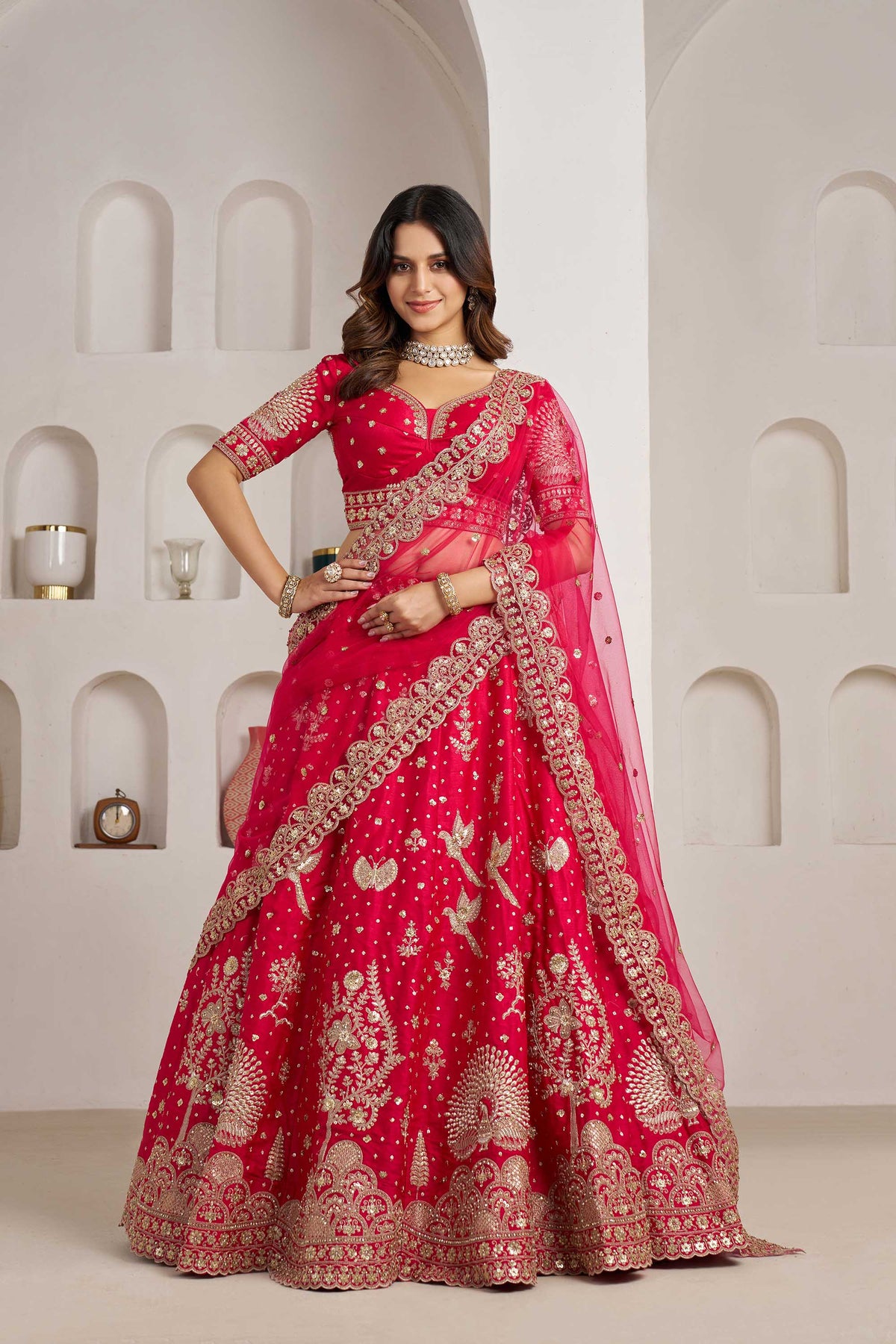 Rani Pink Silk Heavy Pearl & Thread Embroidered Bridal Lehenga