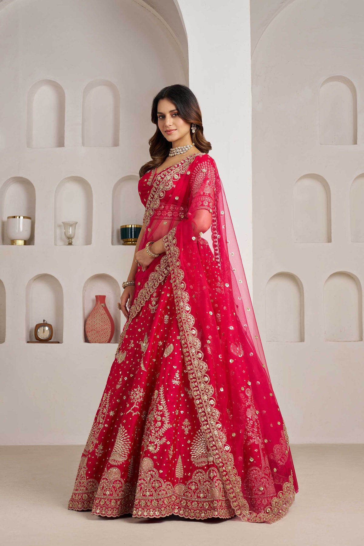 Rani Pink Silk Heavy Pearl & Thread Embroidered Bridal Lehenga