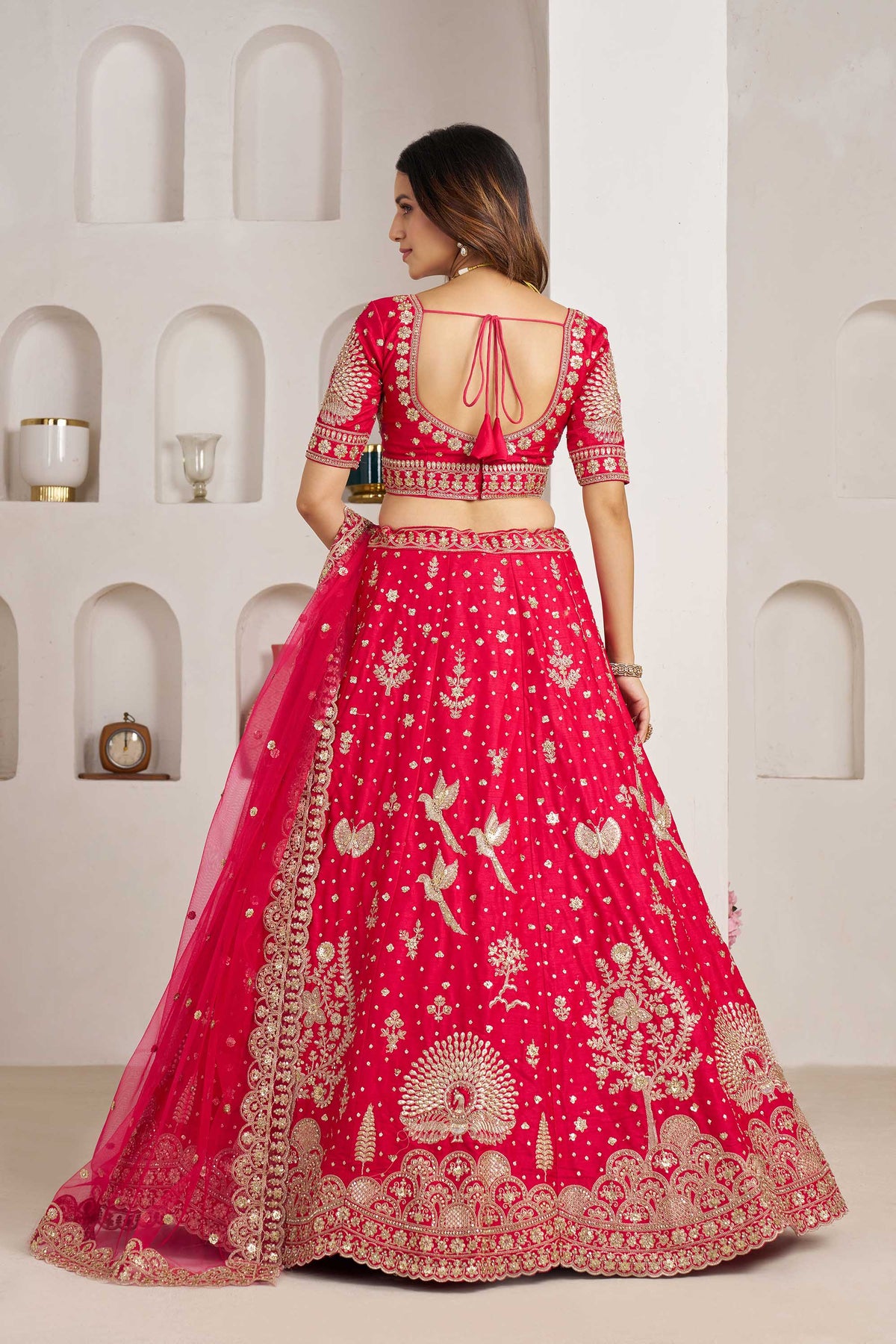Rani Pink Silk Heavy Pearl & Thread Embroidered Bridal Lehenga