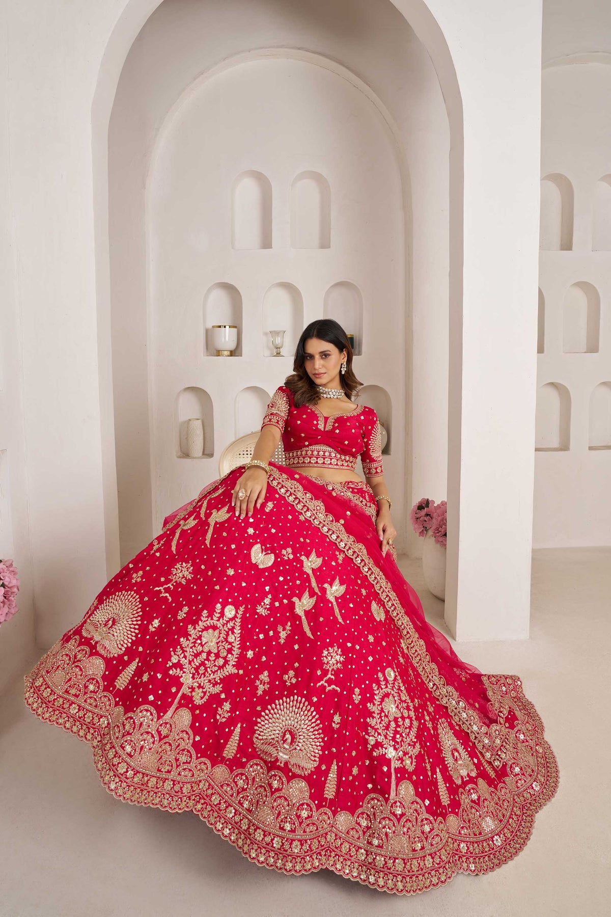 Rani Pink Silk Heavy Pearl & Thread Embroidered Bridal Lehenga